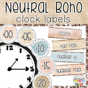 Etichette per orologi neutri STAMPABILI con numeri a intervalli di 5 minuti / Decorazioni per aule boho neutre / Etichette per numeri di orologi / Etichette per orologi