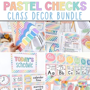May include: A selection of pastel-coloured classroom decor items. The image features signs with text such as "Today's Schedule" and "Bright News Weekly Bulletin." There are also alphabet cards and other educational materials with a chequered pattern.
