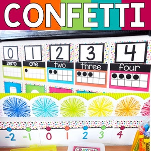 Carteles numéricos 0-30 Línea numérica con números negativos / Decoración del aula del arco iris de confeti / Carteles de números del arco iris de confeti Carteles de confeti