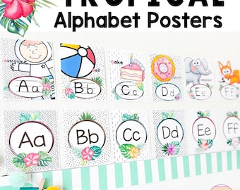 Cursive and Print Alphabet Posters for the Classroom Printable Alphabet Posters Space Classroom Posters Tropical Classroom Decor ABC Posters