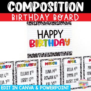 May include: A composition birthday board display featuring a large sign with the text HAPPY BIRTHDAY in colorful letters on a lined paper background. Below are individual monthly cards with names and dates, all framed in black and white marble patterns.