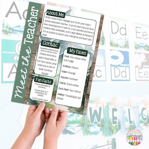 May include: A green and brown "Meet the Teacher" information sheet held by hands. The sheet includes the teacher's "About Me," "Contact," and "Fun Facts." The teacher's favorites are also listed, including ice cream, otters, and orange.