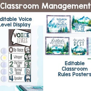 May include: Educational classroom posters and voice level display. The display shows voice levels from "No Voice" to "Speaker". The posters feature inspirational quotes and mountain landscape art. The text on the posters includes "Actions speak louder than words" and "Listen when someone is talking".