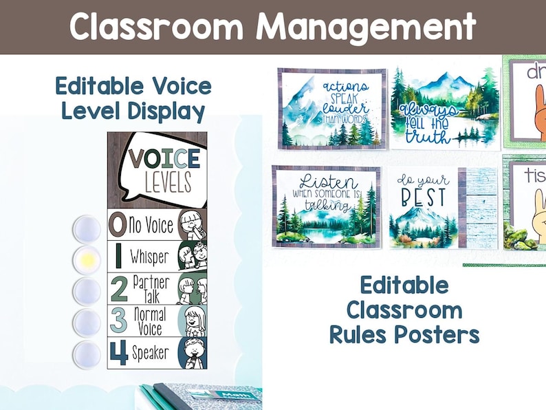 May include: Educational classroom posters and voice level display. The display shows voice levels from "No Voice" to "Speaker". The posters feature inspirational quotes and mountain landscape art. The text on the posters includes "Actions speak louder than words" and "Listen when someone is talking".