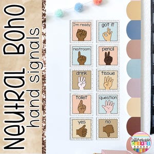 Classroom Hand Signal Posters, Neutral Boho Classroom Decor, Editable Hand Signal Signs for Classroom, Neutral Classroom Decor Boho Colors