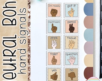 Affiches de signaux manuels pour la classe, décoration bohème neutre pour la classe, signaux manuels modifiables pour la classe, décorations neutres pour salle de classe, couleurs bohèmes