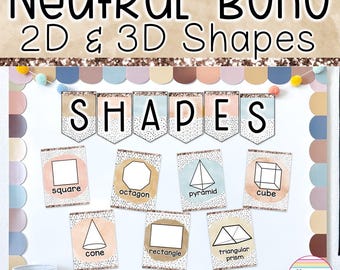 PRINTABLE Shape Posters and Charts | Neutral Boho Classroom Decor 2D and 3D Shapes Posters Neutral Shapes Bulletin Board Calming Classroom