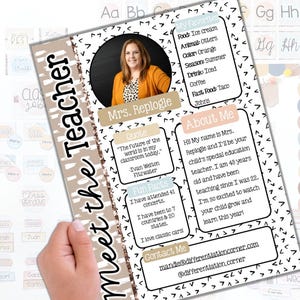 May include: A teacher introduction sheet with the text "Meet the Teacher" in a handwritten font. The sheet includes a photo of Mrs. Replogle, her favorite things, fun facts, a quote, and contact information.