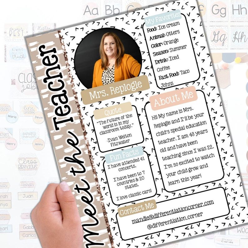 May include: A teacher introduction sheet with the text "Meet the Teacher" in a handwritten font. The sheet includes a photo of Mrs. Replogle, her favorite things, fun facts, a quote, and contact information.