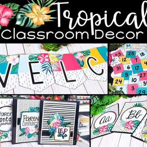 Modern Tropical Classroom Decor Bundle | Classroom Bulletin Board Display Posters | Tropical Classroom Decorations