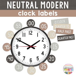 PRINTABLE Neutral Clock Label Numbers in 5 Minute intervals | Neutral Boho Classroom Decor | Clock Number Labels | Clock Labels Math Posters