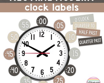 PRINTABLE Neutral Clock Label Numbers in 5 Minute intervals | Neutral Boho Classroom Decor | Clock Number Labels | Clock Labels Math Posters