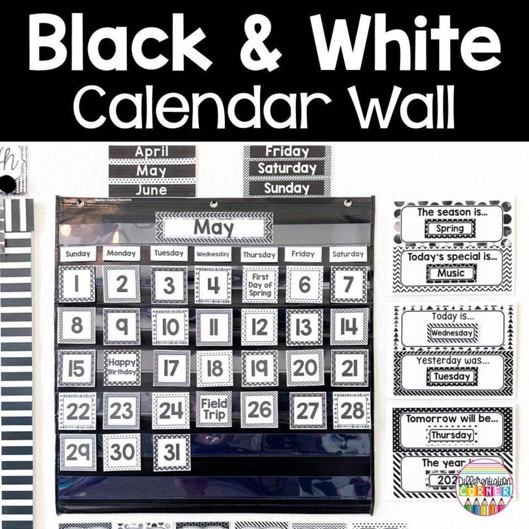 black-and-white-classroom-calendar-weather-display-set-black-and-white-classroom-decor-modern-classroom-calendar-wall-kit-etsy