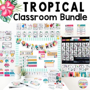 Modern Tropical Classroom Decor Bundle | Classroom Bulletin Board Display Posters | Tropical Classroom Decorations Bundle Class Decor