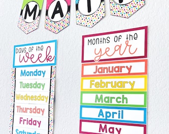 Paquete de decoración para el aula con diseño de arcoíris de confeti / Carteles para el tablón de anuncios del aula / Decoraciones brillantes y coloridas para el aula