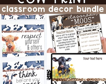 Cow Print Classroom Decor Bundle | Cute Classroom Bulletin Board | Farm Theme Classroom | Neutral Colors Farmhouse Classroom Decor
