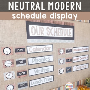 Cartes d’horaire quotidien modifiables Neutre Boho Salle de classe Décor Boho Calendrier de classe imprimable Tableau d’affichage Affiches Calendrier visuel