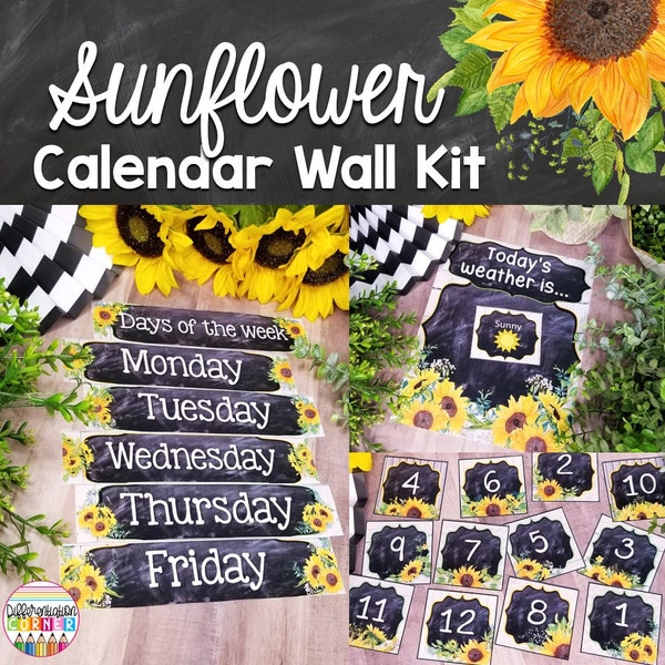 Classroom Calendar & Weather Display Set | Sunflower Farmhouse Classroom Decor Sunflower | Classroom Calendar Wall Kit