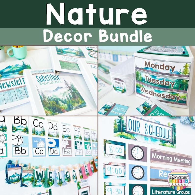 May include: A collection of classroom decor items with a nature theme. Includes binders, schedule cards, alphabet posters, and a welcome banner. The items feature illustrations of mountains, trees, and water, with the words "Nature Decor Bundle" at the top.