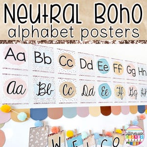 Posters de l'alphabet avec des images pour la classe | Décoration de classe bohème neutre | Flashcards de l'alphabet | Posters neutres de l'alphabet cursif