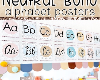 Alphabet Posters with Pictures for the Classroom | Neutral Boho Classroom Decor | Alphabet Flashcards | Neutral Cursive Alphabet Posters