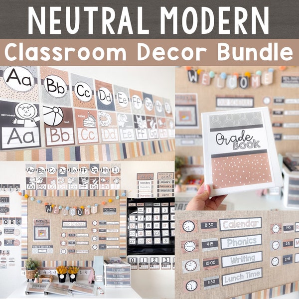 Modern Neutral Boho Classroom Decor Bundle | Classroom Bulletin Board Display Posters | Neutral Boho Classroom Decorations