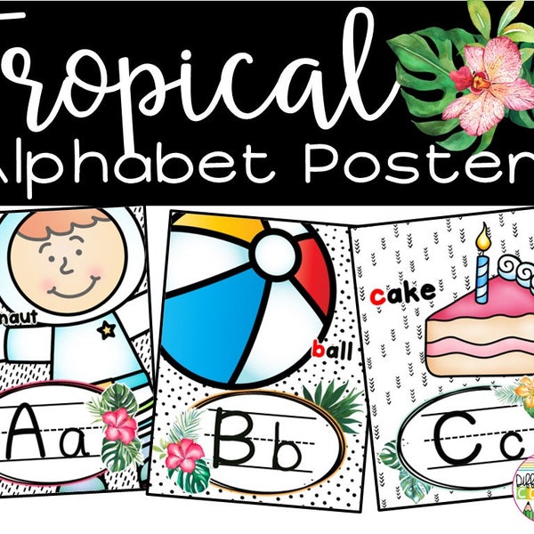 Alphabet Posters with Pictures for the Classroom | Tropical Classroom Decor | Printable Alphabet Posters | Tropical Classroom Posters