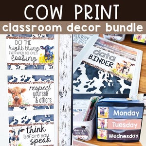 Cow Print Neutral Classroom Decor Bundle | Classroom Bulletin Board Display Posters | Cow Print Classroom Decor Farmhouse Classroom Decor