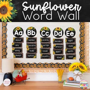 Classroom Word Wall Display Editable | Sunflower Farmhouse Classroom Decor | Word Wall Bulletin Board | Alphabet Word Wall Kit