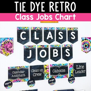 Editable Classroom Jobs Chart Template Tie Dye Retro Classroom Decor | Classroom job chart | Groovy Retro Classroom Jobs Cards Hippie Bright