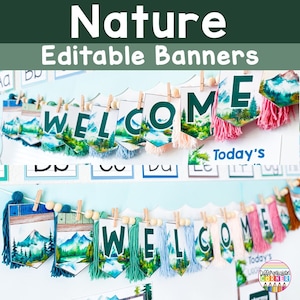 Editável Nature Bunting Bulletin Board Banner Letras Natureza Tema de sala de aula Bunting Calmante Decoração de sala de aula Banners de montanha Classe de floresta
