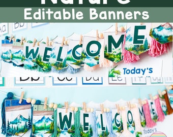 May include: A classroom bulletin board decorated with a nature-themed banner that says "WELCOME". The banner is made of individual cards with watercolor mountain and forest scenes and green, blue, and pink tassels. The banner is hung with wooden clothespins and beads.
