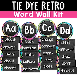Classroom Word Wall Display Editable Colorful Classroom Decor Word Wall Bulletin Board | Bright Alphabet Word Wall Kit Tie Dye Groovy Retro