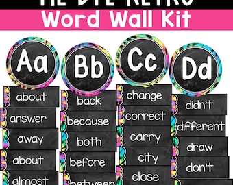 Classroom Word Wall Display Editable Colorful Classroom Decor Word Wall Bulletin Board | Bright Alphabet Word Wall Kit Tie Dye Groovy Retro