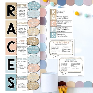 May include: Educational posters with the acronym R.A.C.E.S. and related sentence starters. The posters are in a classroom setting, with a white lamp and pencils visible. The color scheme includes beige, pink, and blue.