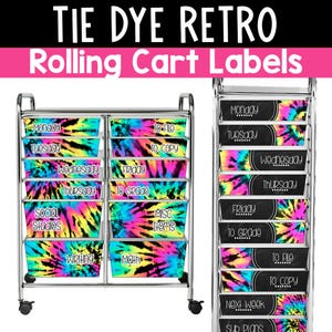 10 Schubladen Rollwagen Etiketten bearbeitbar Tie Dye Retro Klassenzimmer Dekor Rollwagen Etiketten für Lehrer Groovy Klassenzimmer Hippie Thema 60er 70er Jahre