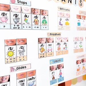 K&ouml;nnte beinhalten: Ein wei&szlig;es Lehrplakat mit verschiedenen Phonetik-Diagrammen. Die Diagramme zeigen Illustrationen von Tieren und Objekten sowie phonetische Symbole und Mundformen. Das Plakat dient dem Lehren von Aussprache und Sprachkenntnissen.