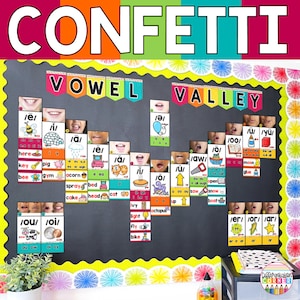 Pôsteres de parede de som para sala de aula, decoração de sala de aula, arco-íris, confetes, ciência da leitura, pôsteres de confete, arco-íris, sala de aula