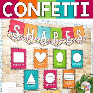 Affiches et graphiques de forme IMPRIMABLES | Décor de classe arc-en-ciel confettis | Affiches de formes 2D et 3D | Formes Tableau d'affichage Confettis Salle de classe