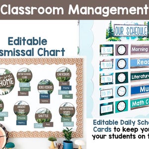 May include: Classroom management tools featuring an editable dismissal chart and daily schedule cards. The dismissal chart includes categories like bus riders, car riders, and after-school clubs. The schedule cards display times and subjects such as reading and music.