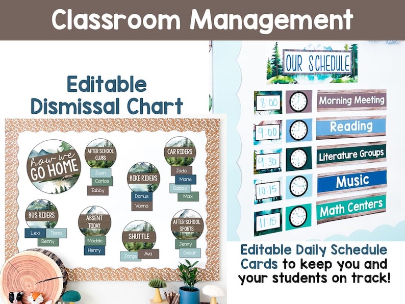 May include: Classroom management tools featuring an editable dismissal chart and daily schedule cards. The dismissal chart includes categories like bus riders, car riders, and after-school clubs. The schedule cards display times and subjects such as reading and music.