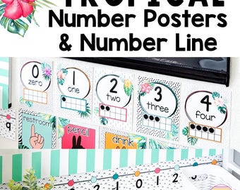 Number Posters 0-30 Number Line with Negative Numbers | Tropical Classroom Decor | Tropical Jungle Number Posters classroom number banner