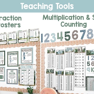 May include: Educational posters for teaching math concepts. The posters include fractions, multiplication, and skip counting. The posters are decorated with a nature theme and feature the numbers 1 through 12.