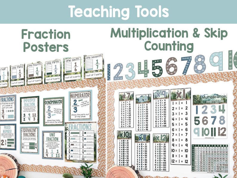 May include: Educational posters for teaching math concepts. The posters include fractions, multiplication, and skip counting. The posters are decorated with a nature theme and feature the numbers 1 through 12.