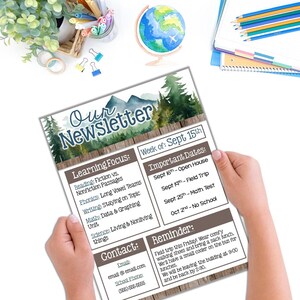 May include: A newsletter titled "Our Newsletter" with a watercolor mountain and tree design. The newsletter includes learning focuses, important dates for September, contact information, and a reminder about a field trip.