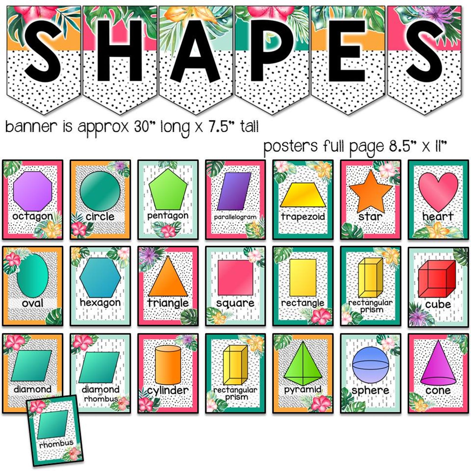 PRINTABLE Shape Posters and Charts Tropical Classroom Decor 2D and 3D ...