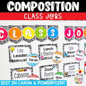 Peut inclure: Un ensemble d'affichage pour salle de classe avec des bannières fanions portant le texte COMPOSITION CLASS JOBS. Des panneaux rectangulaires à motifs de cahiers de composition noir et blanc étiquettent des tâches, accompagnés d'étiquettes nominatives circulaires.