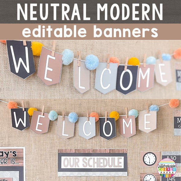 Editable Boho Bunting Bulletin Board Banner Letters | Neutral Boho Classroom Decor | Neutral Bunting Neutral Color Banner Calm Classroom