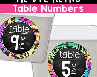 PRINTABLE Table Numbers | Tie Dye Retro Classroom Decor | Classroom Table Number Signs | Table Group Labels Groovy Hippie 70s 60s Classroom