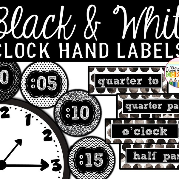 PRINTABLE Clock Label Numbers in 5 Minute intervals | Black and White Classroom Decor | Clock Number Labels | Clock Labels